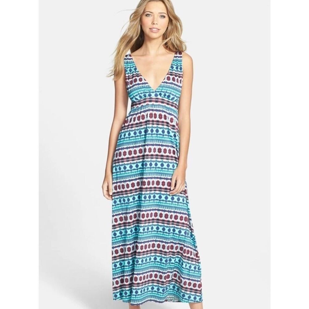 La Blanca Teal, White & Burgundy Printed Maxi Dress .Size Large